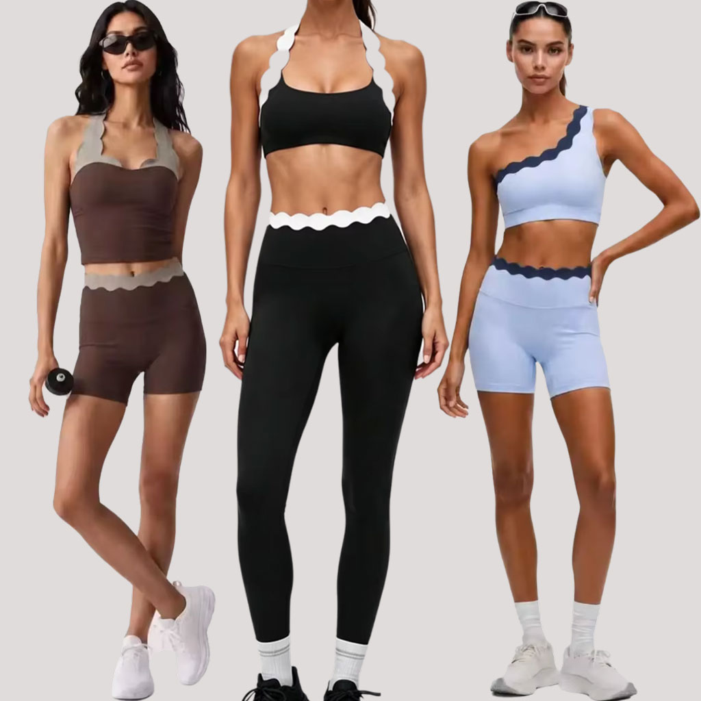 Yoga Fitness Leggings - 女性用2ピースヨガウェア ツートンカラー スカラップシェルレース スポーツブラ ハイウエストレギンス フィットネスショーツ