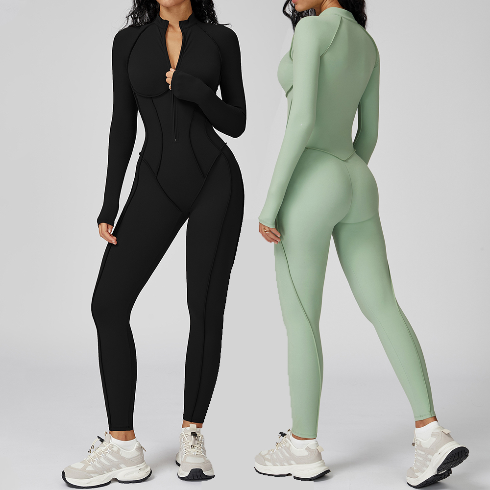 Yoga Fitness Kleidung - ジッパージャンプスーツ長袖ヨガボディスーツ女性のトラックスーツヨガセットジムロンパースプッシュアップトレーニング服フィットネスボディスーツ ﻿