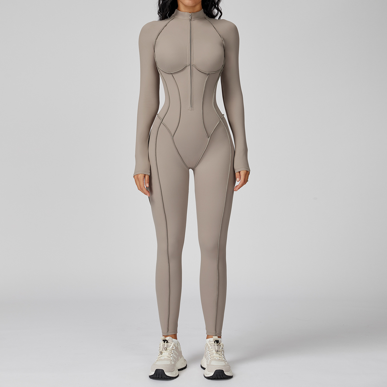 ジッパージャンプスーツ長袖ヨガボディスーツ女性のトラックスー - Yoga Fitness Kleidung のレビューと価格