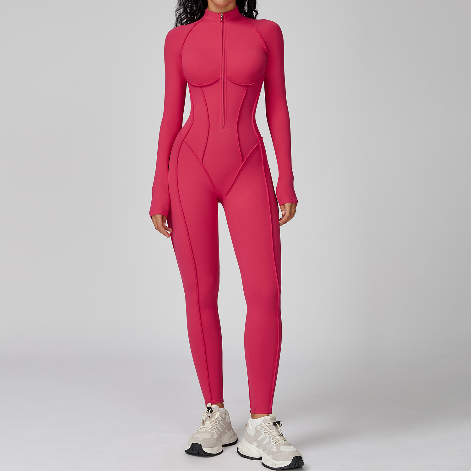 ジッパージャンプスーツ長袖ヨガボディスーツ女性のトラックスー - Yoga Fitness Kleidung のレビューと価格