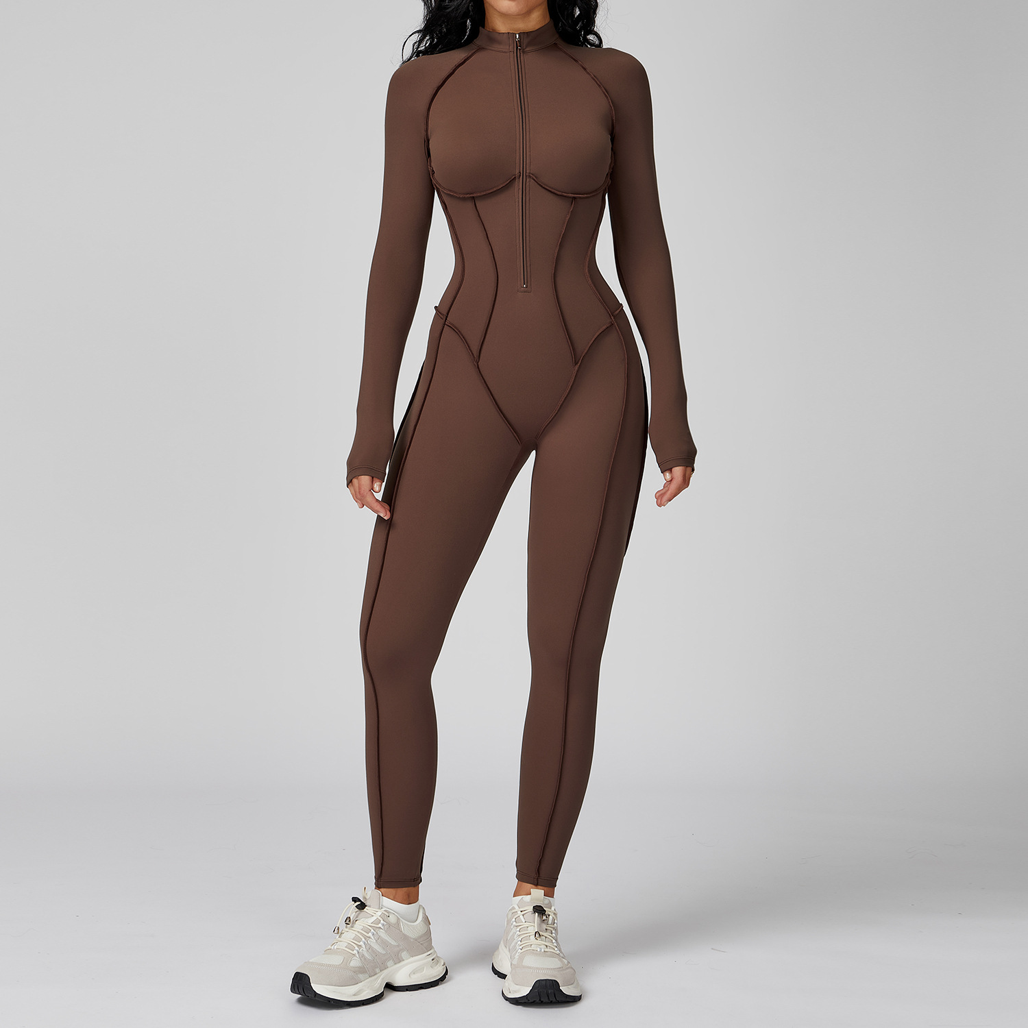 ジッパージャンプスーツ長袖ヨガボディスーツ女性のトラックスー - Yoga Fitness Kleidung のレビューと価格